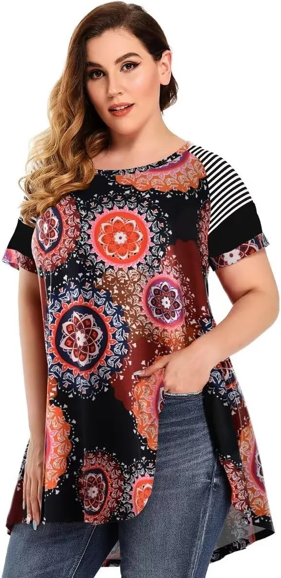 MONNURO Plus Size Tunics Leopard Print Tops For Women Casual Short Sleeve Striped Shirt Loose Fit