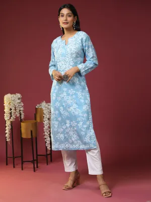 Noor Mul Printed  Hand Embroidery Chikankari Kurta- Sky Blue
