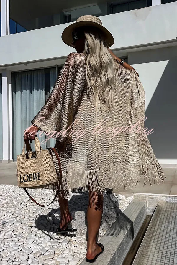 Perfect Look for Vacation Tassle Trim Batwing Sleeve Loose Cover-ups
