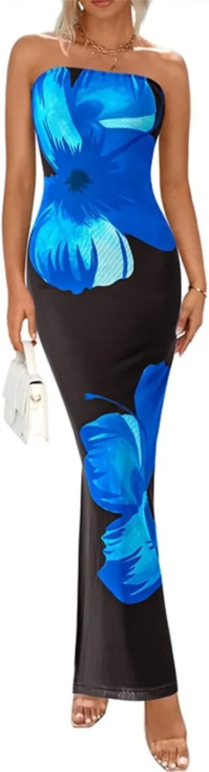PRETTYGARDEN Strapless Bodycon Floral Maxi Summer Dresses for Women 2025 Elegant Classy Tube Top Cocktail Wedding Guest Dress