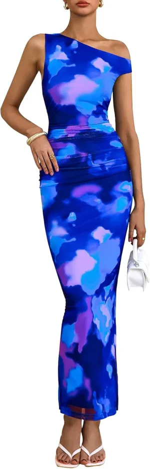 PRETTYGARDEN Women's 2025 Summer Floral One Shoulder Maxi Dress Wedding Guest Ruched Mesh Bodycon Long Cocktail Dresses