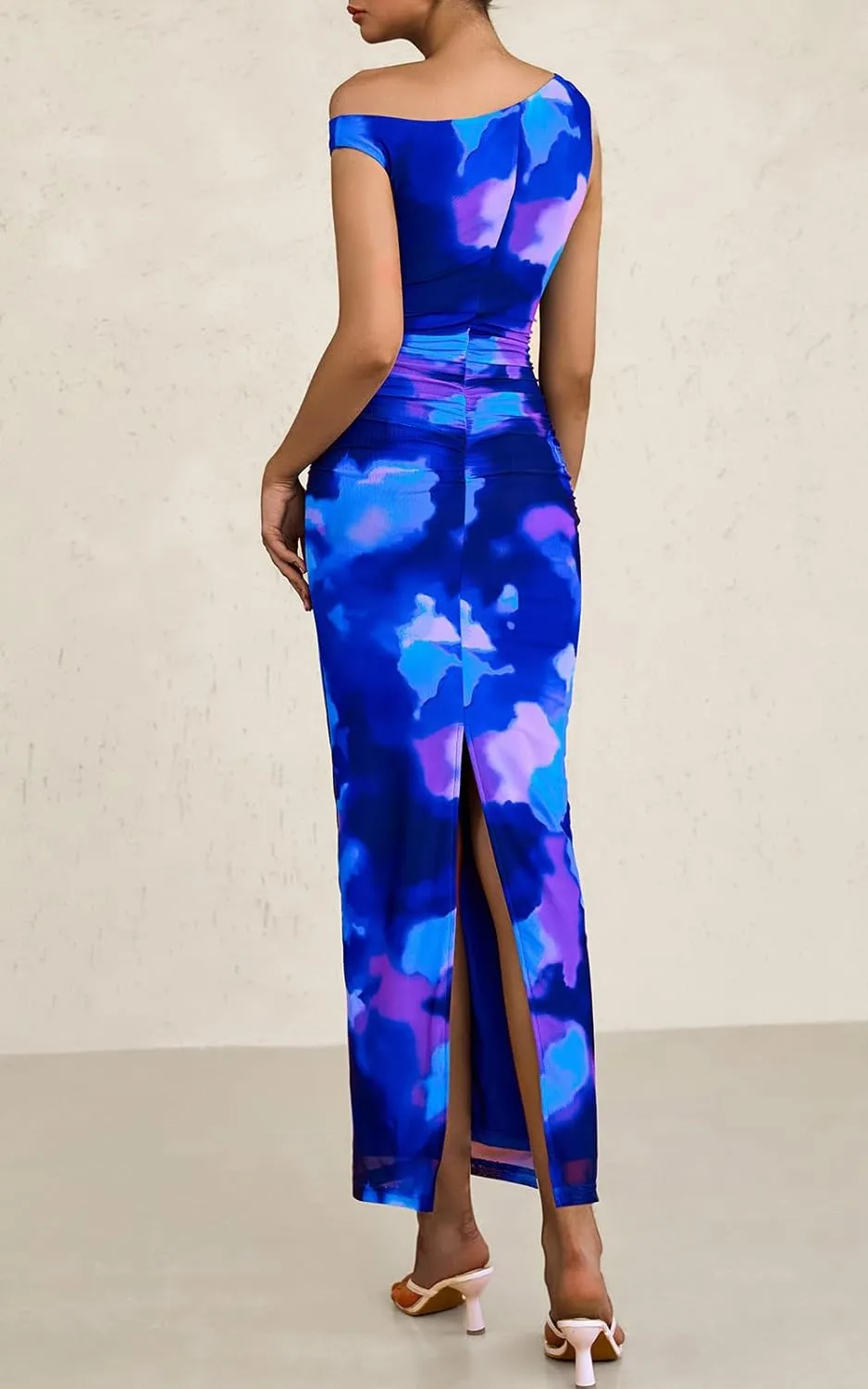 PRETTYGARDEN Women's 2025 Summer Floral One Shoulder Maxi Dress Wedding Guest Ruched Mesh Bodycon Long Cocktail Dresses