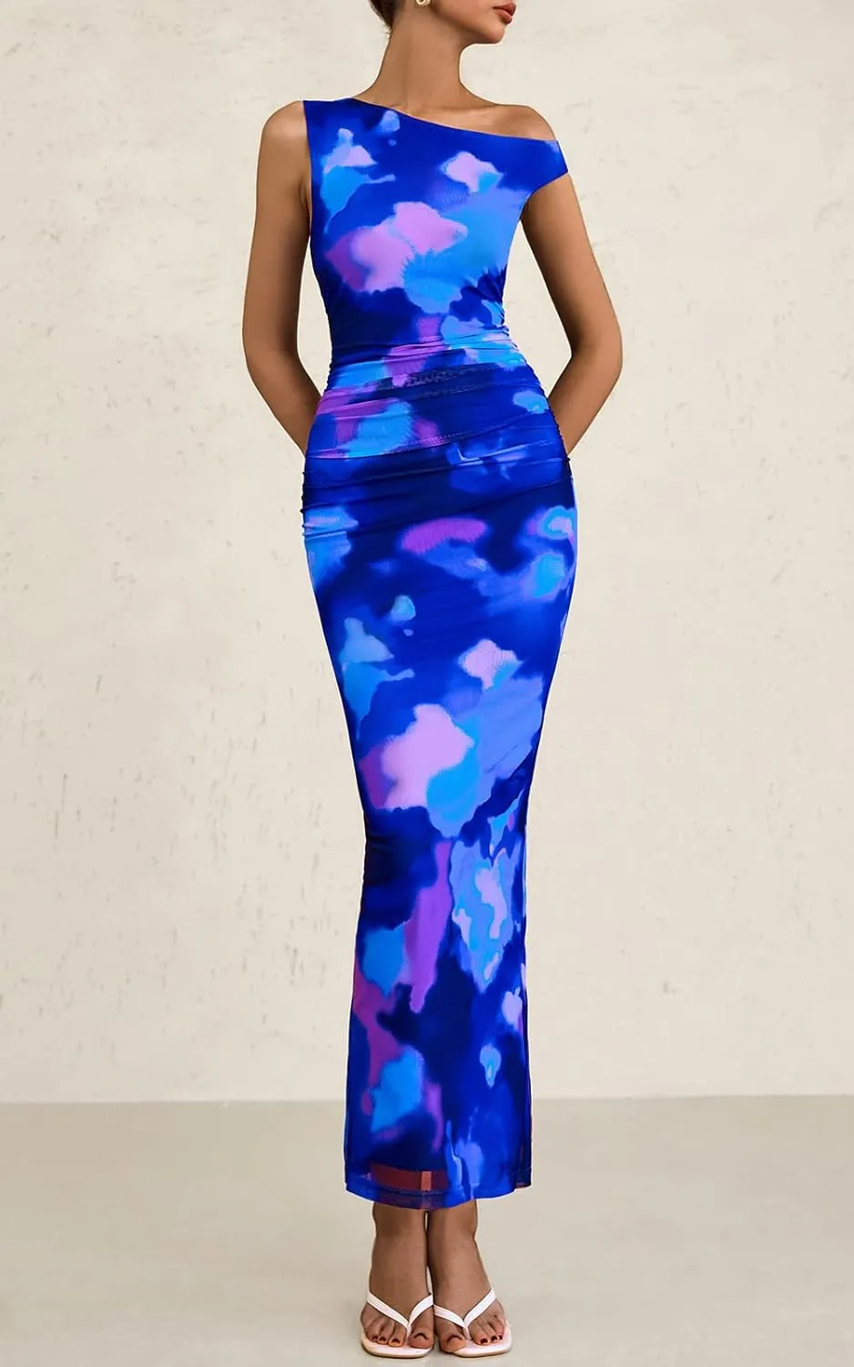PRETTYGARDEN Women's 2025 Summer Floral One Shoulder Maxi Dress Wedding Guest Ruched Mesh Bodycon Long Cocktail Dresses