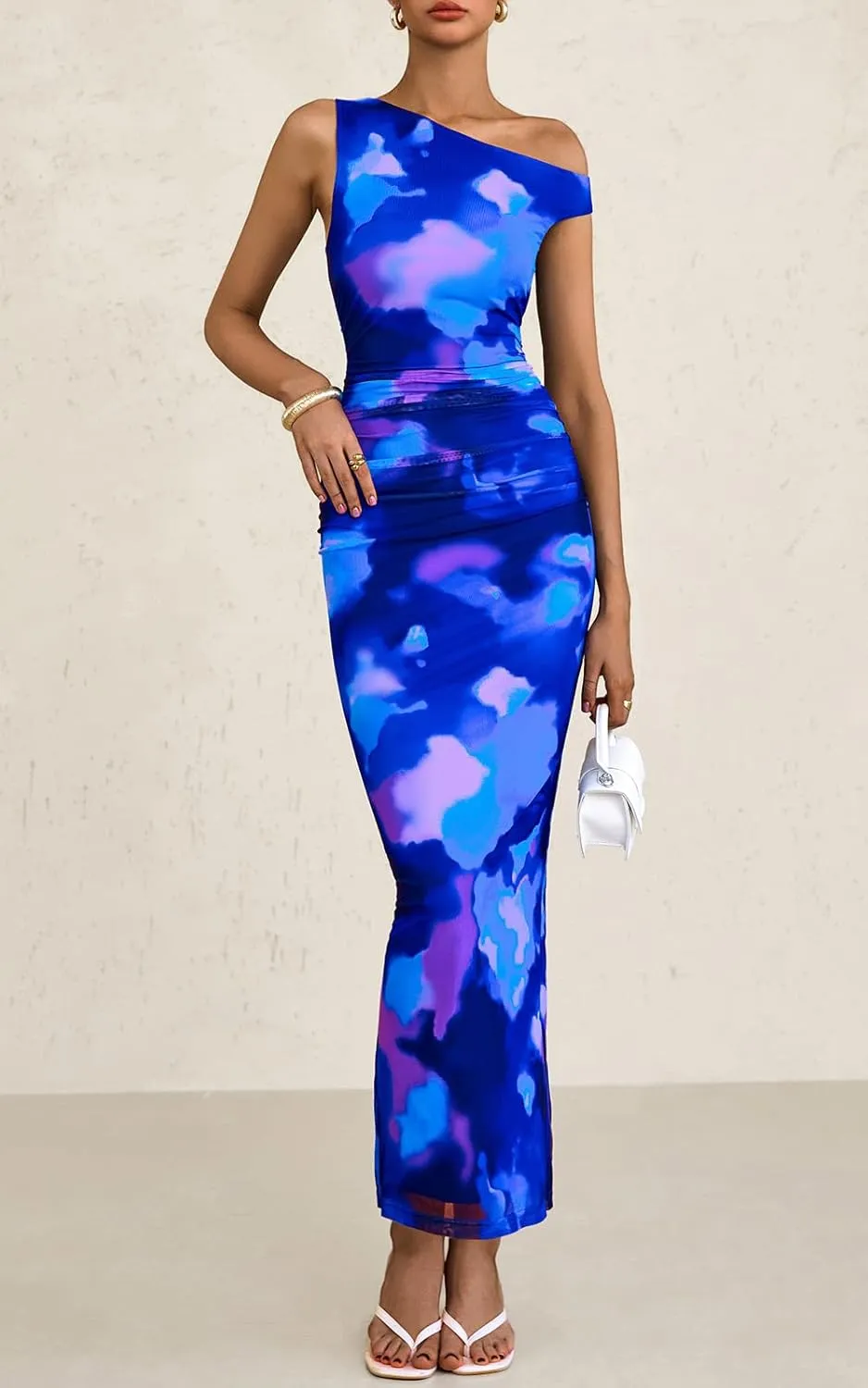 PRETTYGARDEN Women's 2025 Summer Floral One Shoulder Maxi Dress Wedding Guest Ruched Mesh Bodycon Long Cocktail Dresses