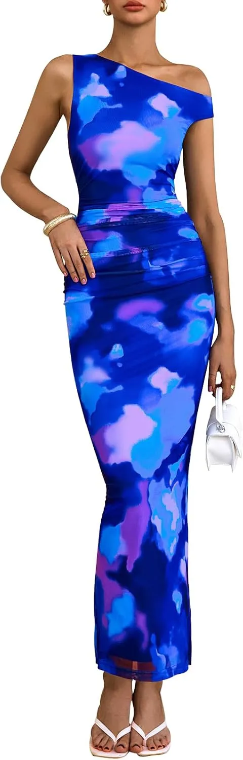PRETTYGARDEN Women's 2025 Summer Floral One Shoulder Maxi Dress Wedding Guest Ruched Mesh Bodycon Long Cocktail Dresses