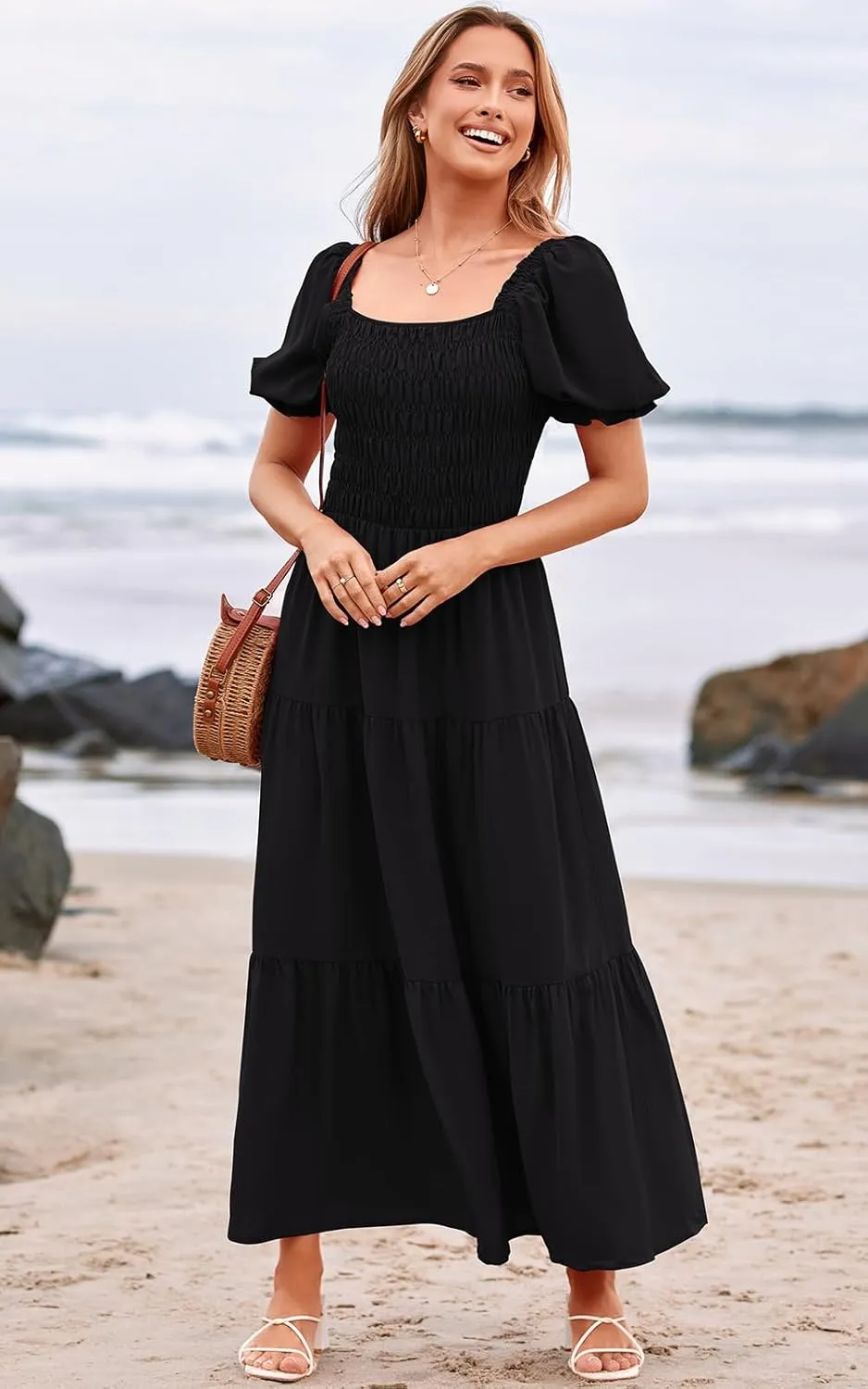 PRETTYGARDEN Women's Boho Floral Print Summer Dresses Square Neck Puff Sleeve A Line Long Dress Smocked Casual Maxi Dress