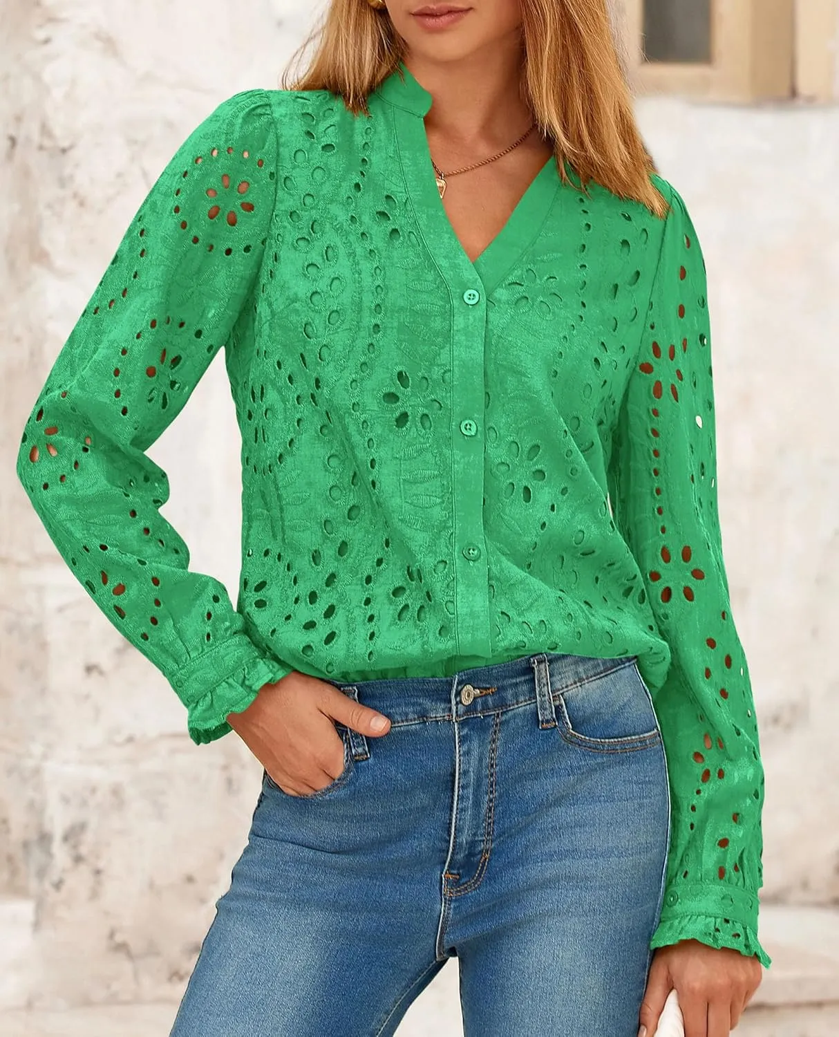 PRETTYGARDEN Women's Eyelet Tops 2025 Spring Dressy Casual Blouses Lace Long Sleeve Button V Neck Shirts