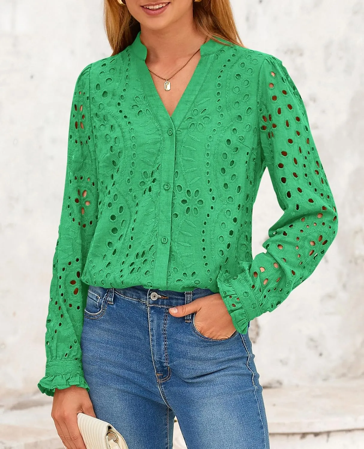 PRETTYGARDEN Women's Eyelet Tops 2025 Spring Dressy Casual Blouses Lace Long Sleeve Button V Neck Shirts