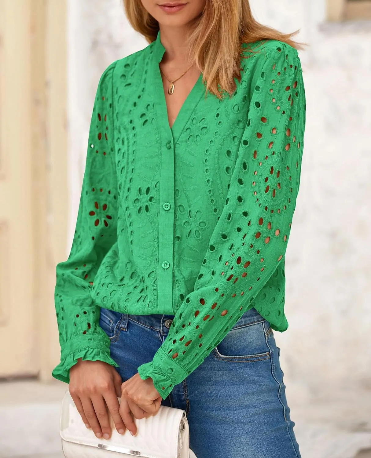 PRETTYGARDEN Women's Eyelet Tops 2025 Spring Dressy Casual Blouses Lace Long Sleeve Button V Neck Shirts