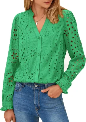 PRETTYGARDEN Women's Eyelet Tops 2025 Spring Dressy Casual Blouses Lace Long Sleeve Button V Neck Shirts