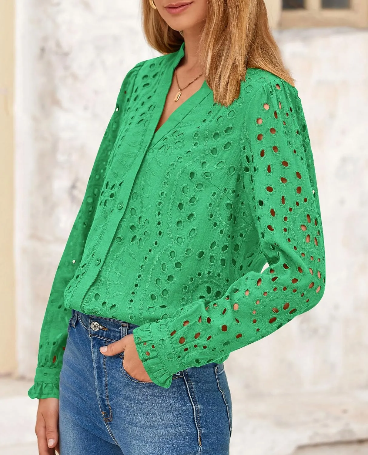 PRETTYGARDEN Women's Eyelet Tops 2025 Spring Dressy Casual Blouses Lace Long Sleeve Button V Neck Shirts