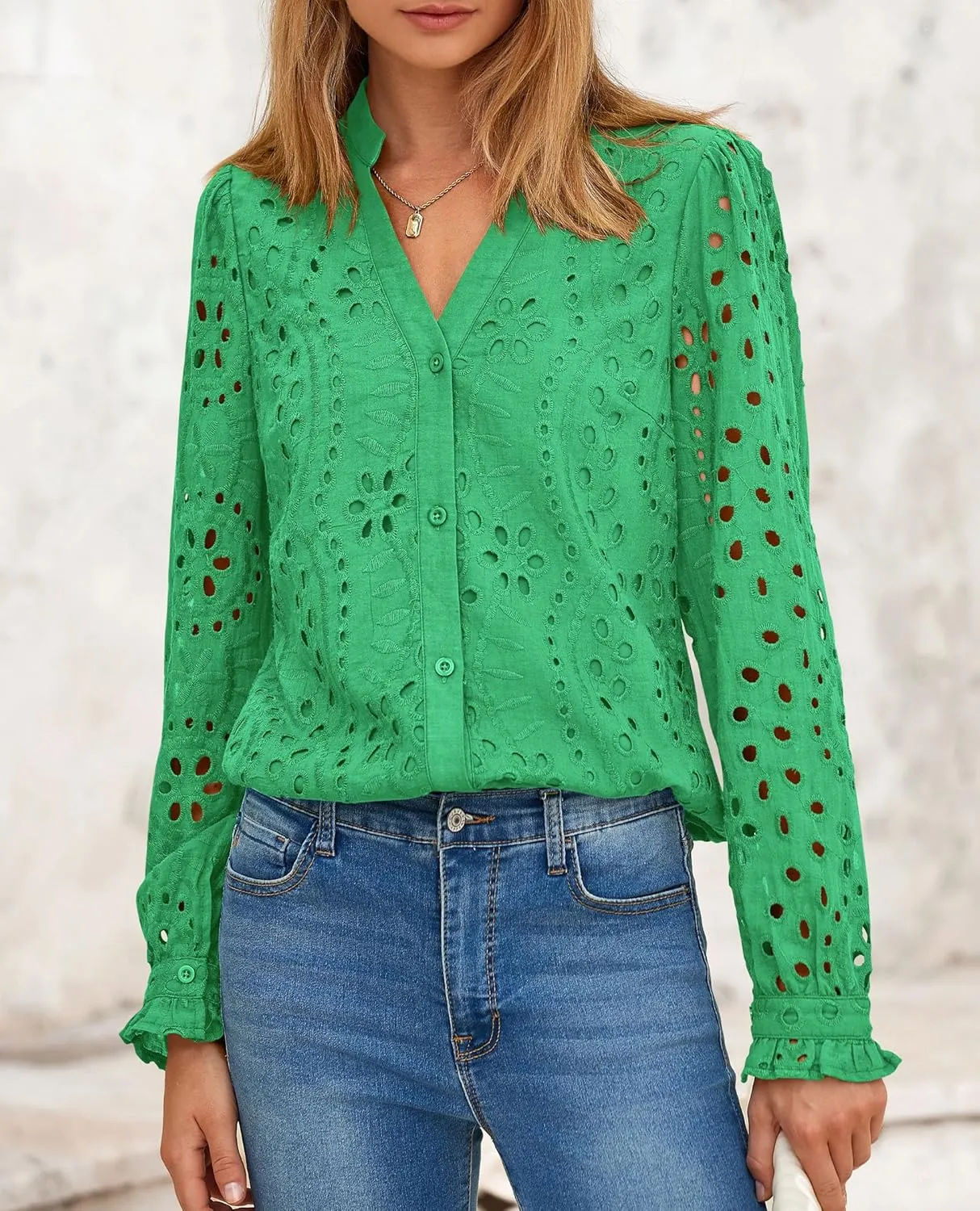 PRETTYGARDEN Women's Eyelet Tops 2025 Spring Dressy Casual Blouses Lace Long Sleeve Button V Neck Shirts
