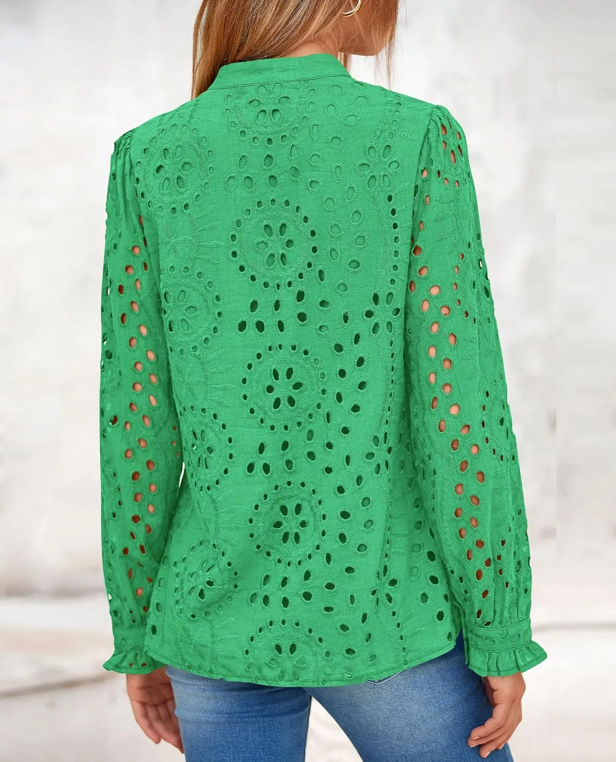 PRETTYGARDEN Women's Eyelet Tops 2025 Spring Dressy Casual Blouses Lace Long Sleeve Button V Neck Shirts