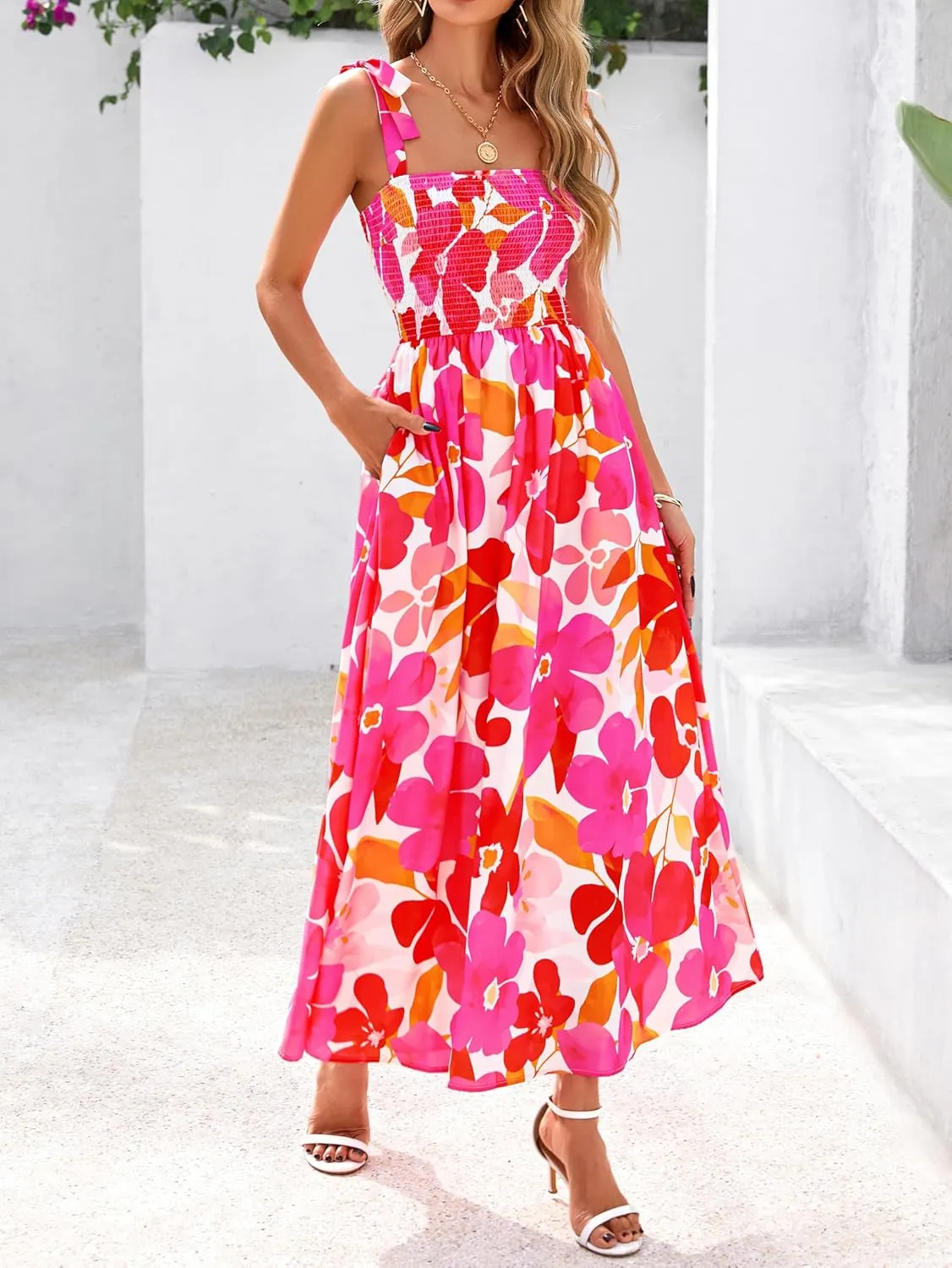 PRETTYGARDEN Womens Summer Dresses Floral Sleeveless Smocked Maxi Dress Boho Spaghetti Strap A Line Flowy Beach Long Sundress