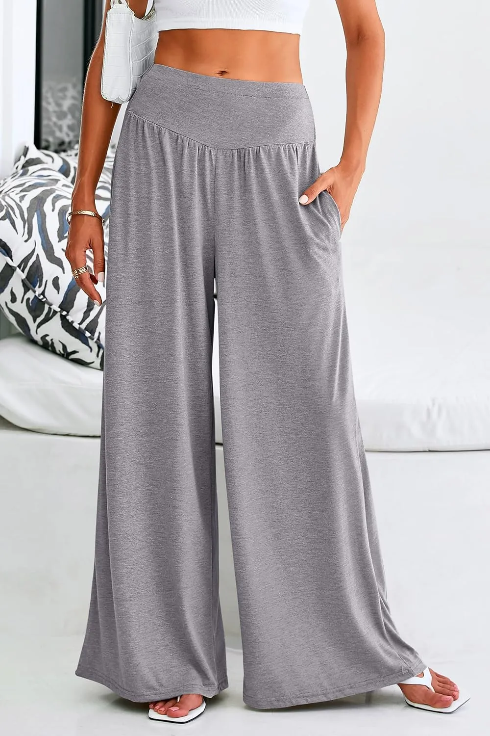 PRETTYGARDEN Women's Summer Wide Leg Trouser Pants Casual High Waisted Flowy Palazzo Lounge Pant with Pockets