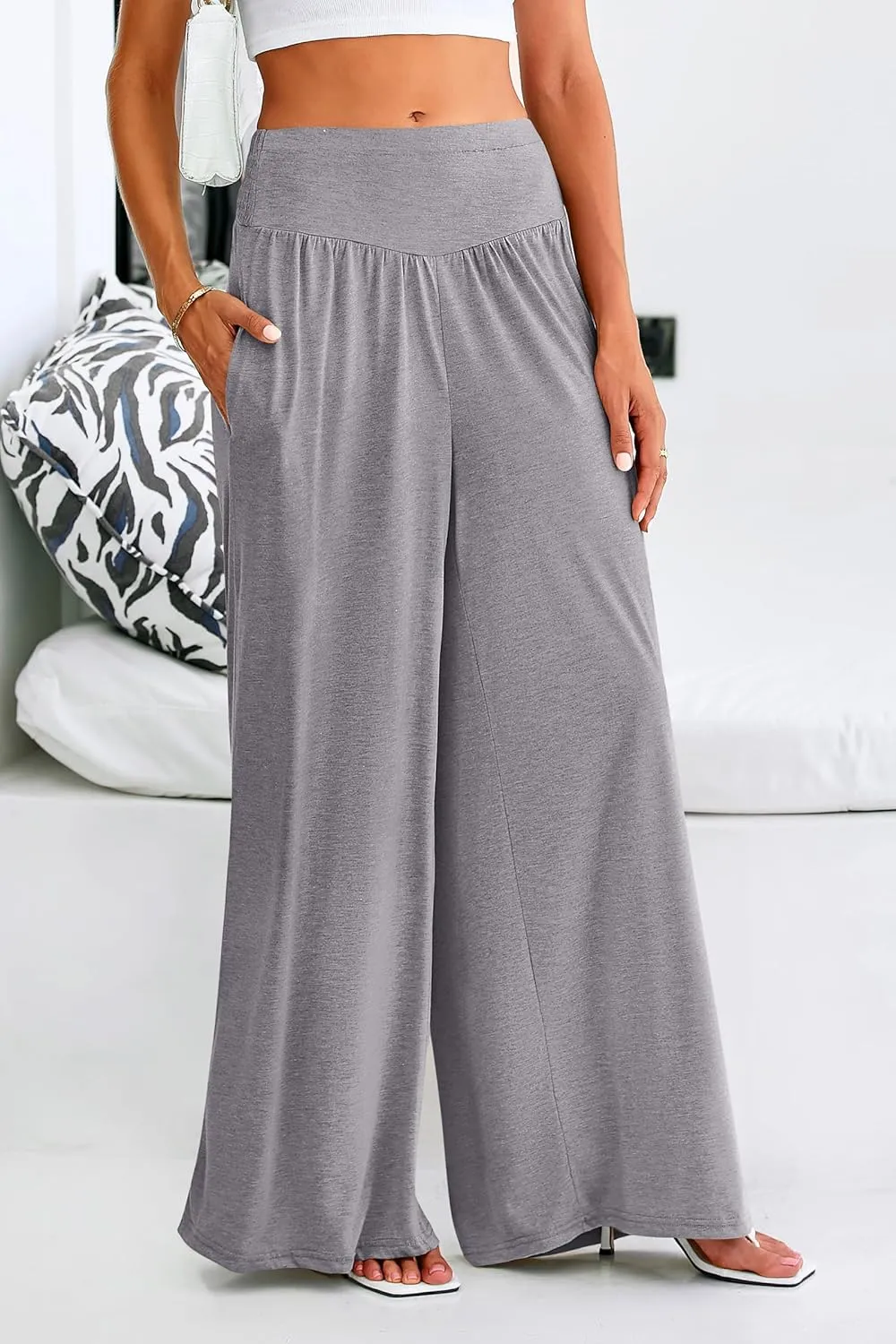 PRETTYGARDEN Women's Summer Wide Leg Trouser Pants Casual High Waisted Flowy Palazzo Lounge Pant with Pockets