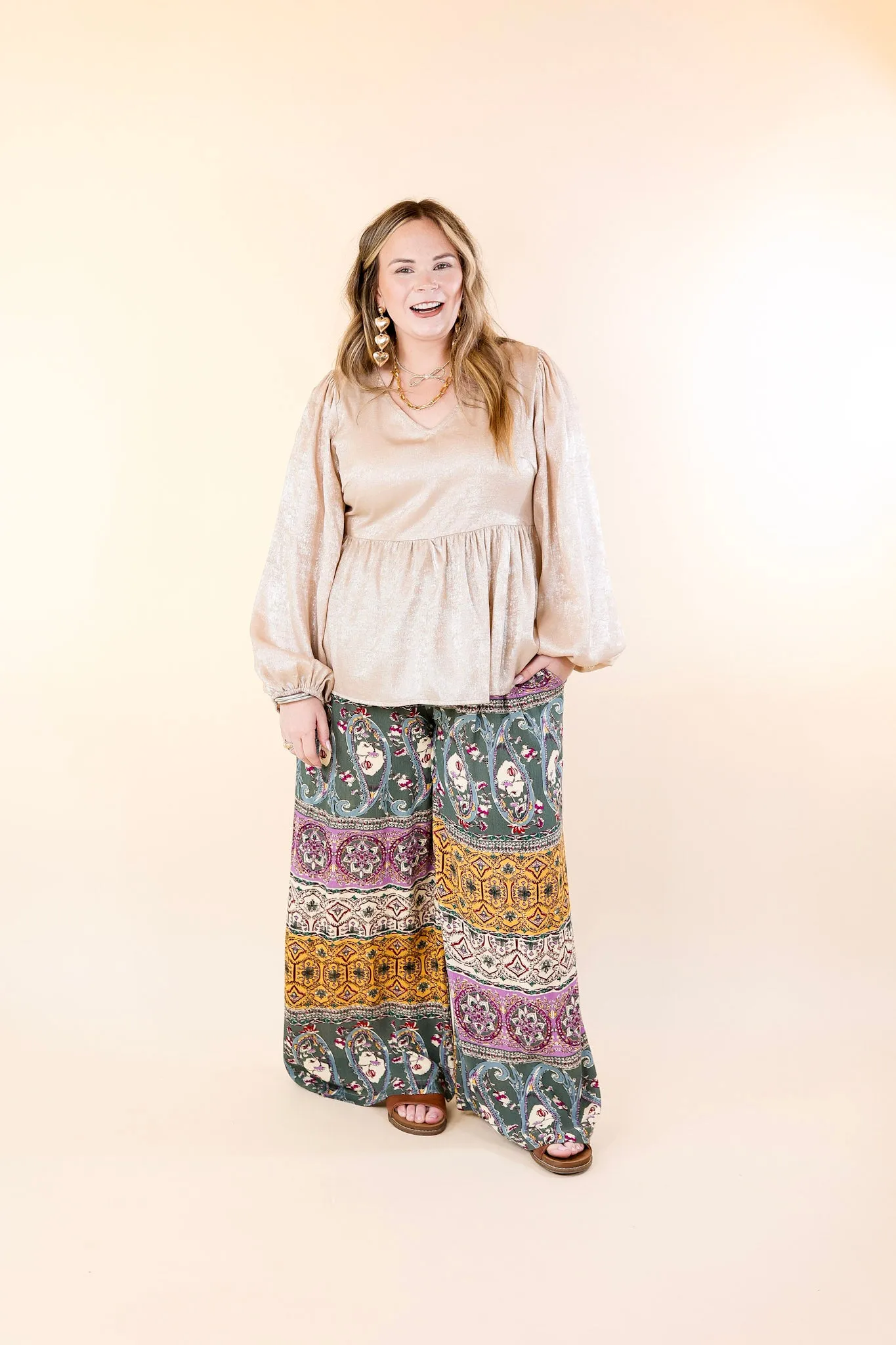 Slight Change Elastic Waist Floral Print Wide Leg Palazzo Pants in Green Mix