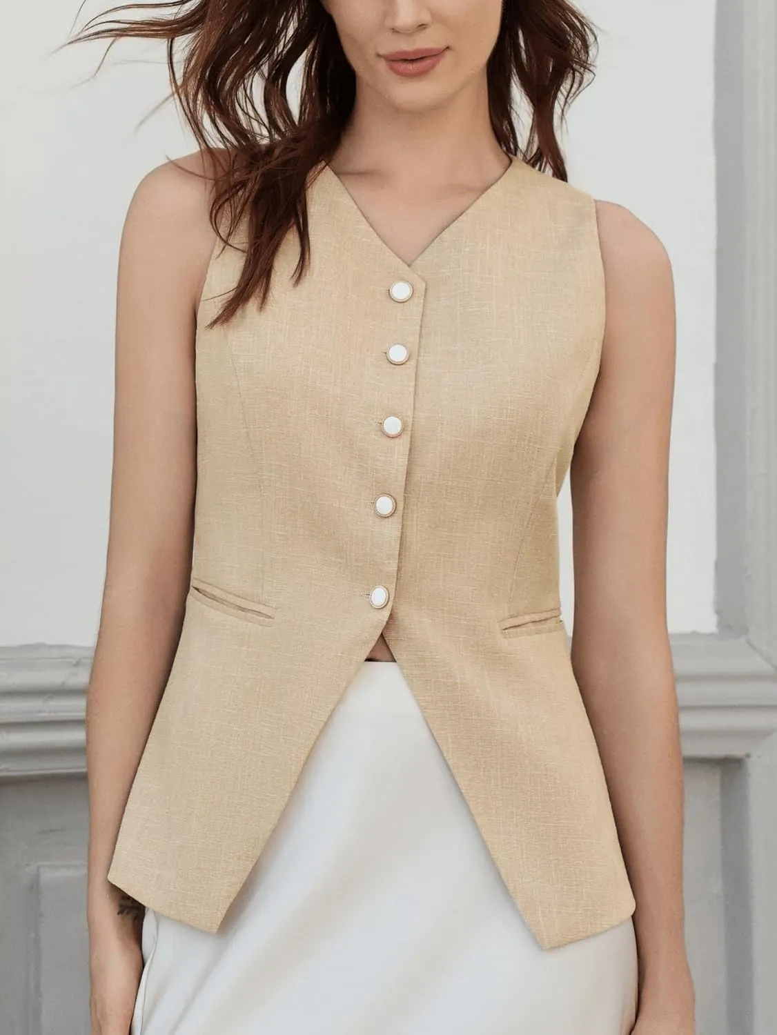 Tankaneo Womens Summer Suit Vest Tops Fashion Casual Sleeveless Blazers Split Hem Button Down Linen Work Waistcoat