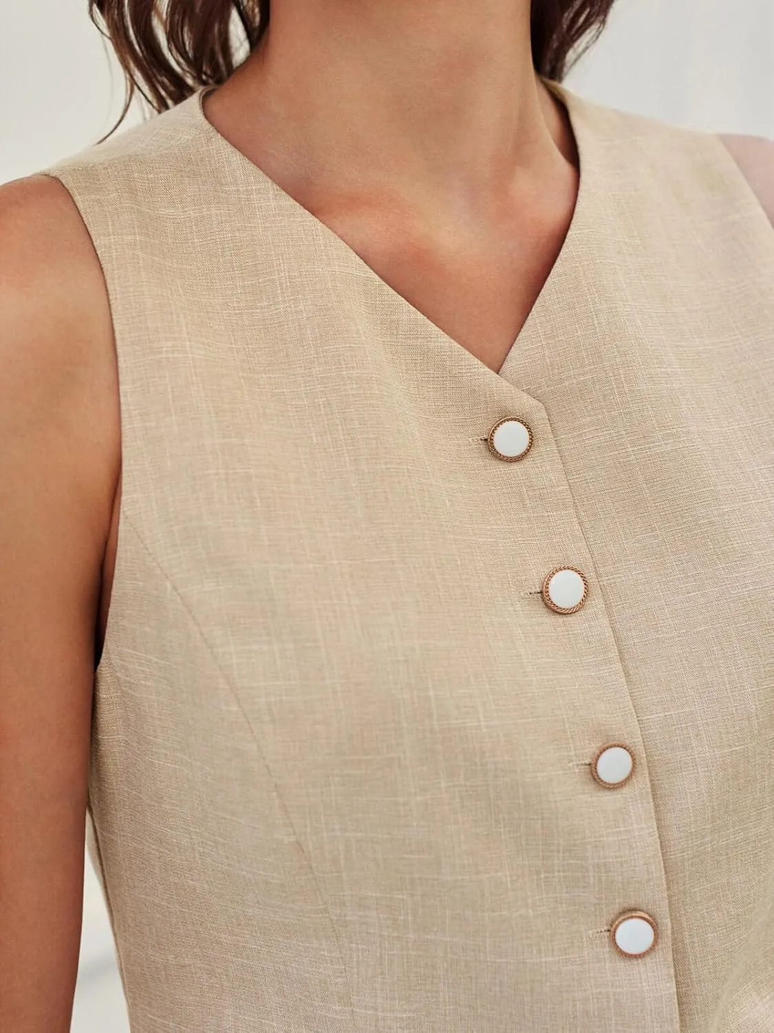 Tankaneo Womens Summer Suit Vest Tops Fashion Casual Sleeveless Blazers Split Hem Button Down Linen Work Waistcoat