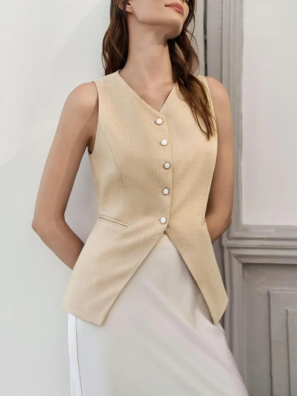 Tankaneo Womens Summer Suit Vest Tops Fashion Casual Sleeveless Blazers Split Hem Button Down Linen Work Waistcoat