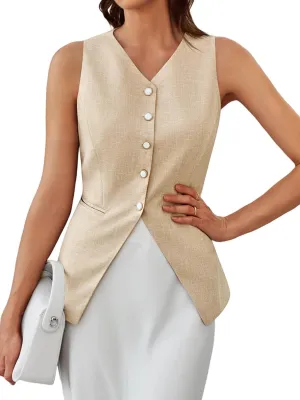 Tankaneo Womens Summer Suit Vest Tops Fashion Casual Sleeveless Blazers Split Hem Button Down Linen Work Waistcoat