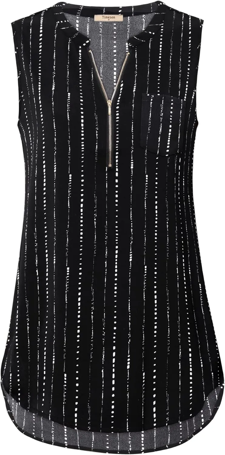 Timeson Women's Casual V Neck Sleeveless Tunics Blouses Chiffon Zipper Tank Tops