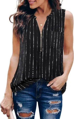 Timeson Women's Casual V Neck Sleeveless Tunics Blouses Chiffon Zipper Tank Tops