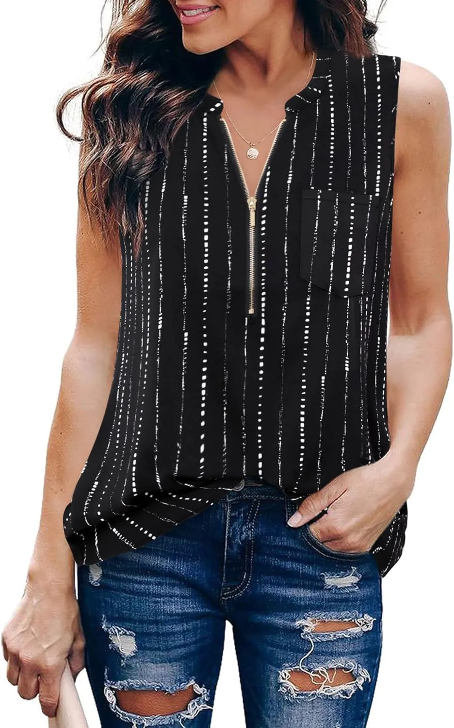 Timeson Women's Casual V Neck Sleeveless Tunics Blouses Chiffon Zipper Tank Tops