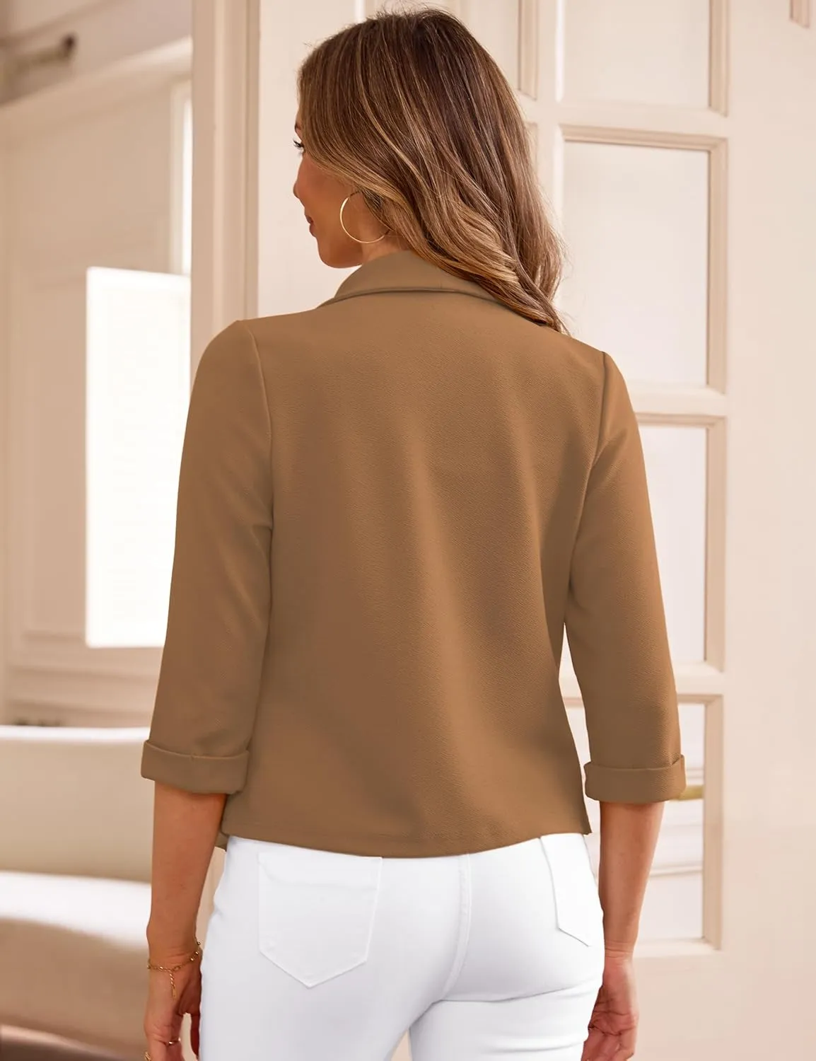 Tralilbee Women's Cropped Blazers 3/4 Sleeve Open Front Lightweight Cardigan Casual Work Office Suit Blazer Jackets S-XL