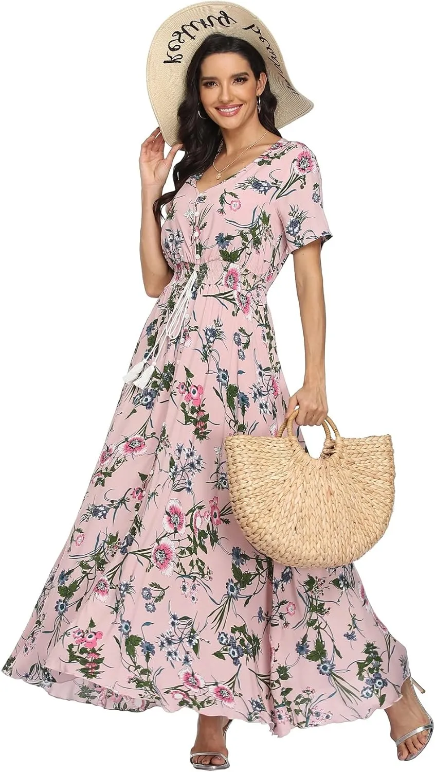 VintageClothing Women's Floral Maxi Dresses Boho Button Up Split Summer Casual Long Dress Beach Party Dress