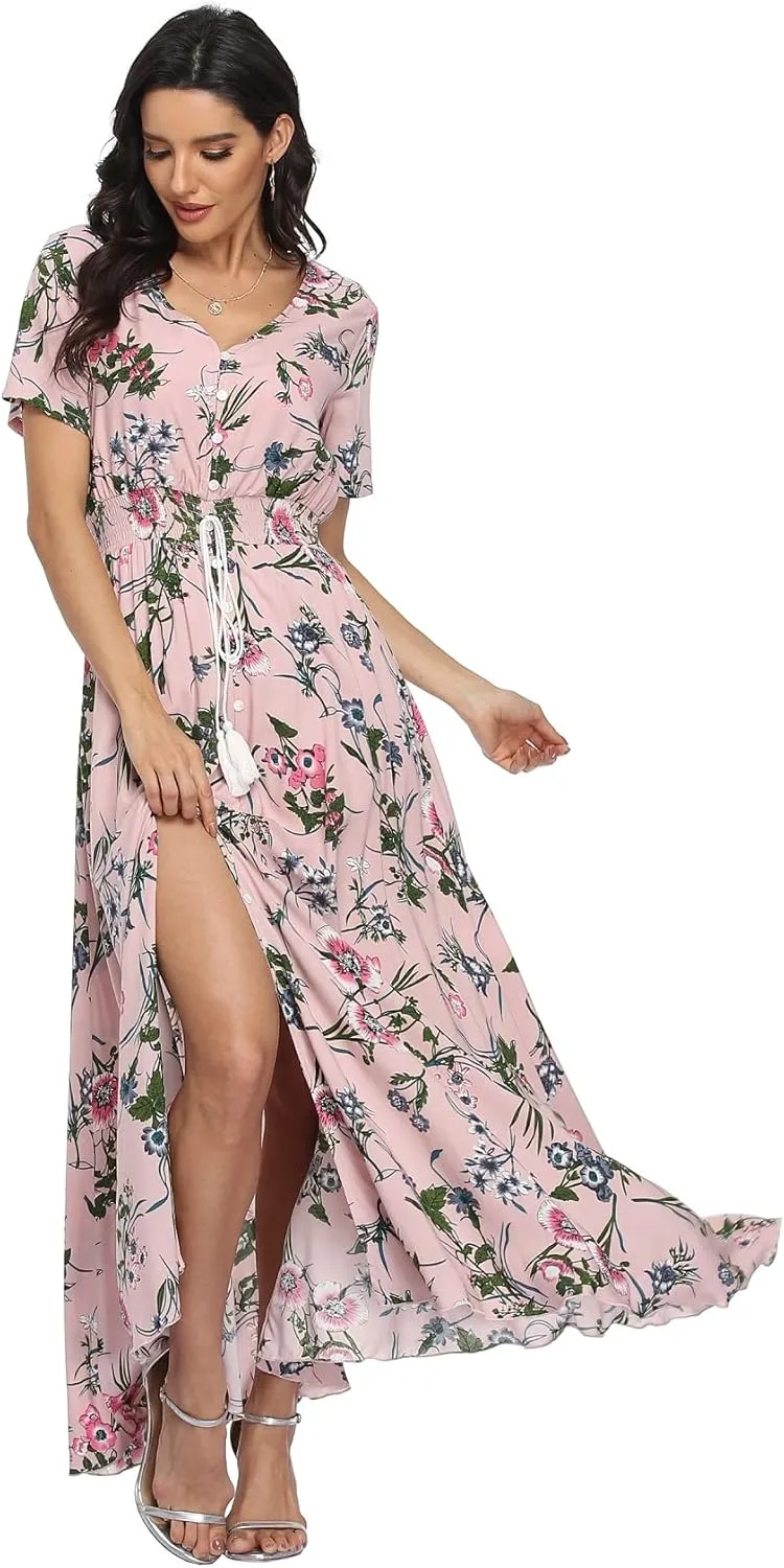 VintageClothing Women's Floral Maxi Dresses Boho Button Up Split Summer Casual Long Dress Beach Party Dress
