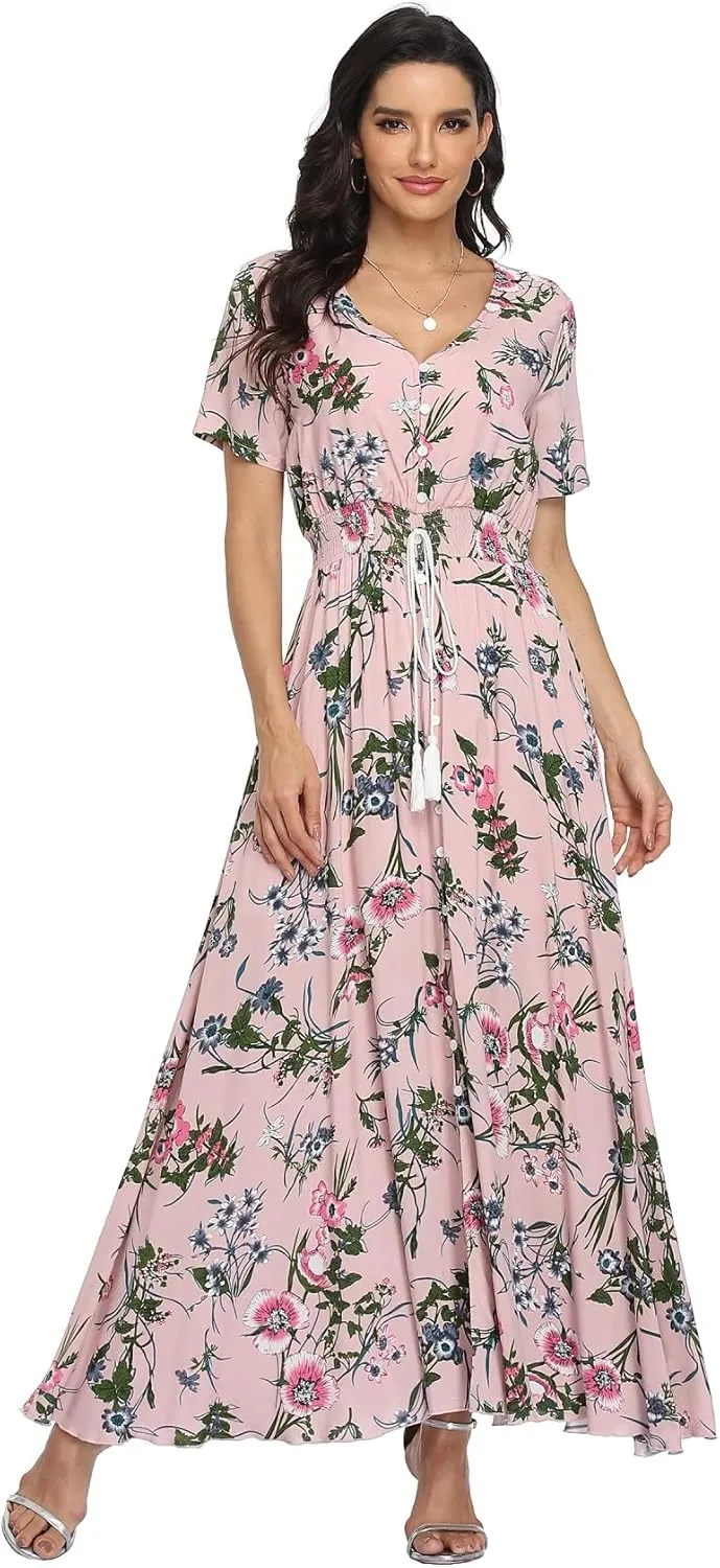 VintageClothing Women's Floral Maxi Dresses Boho Button Up Split Summer Casual Long Dress Beach Party Dress
