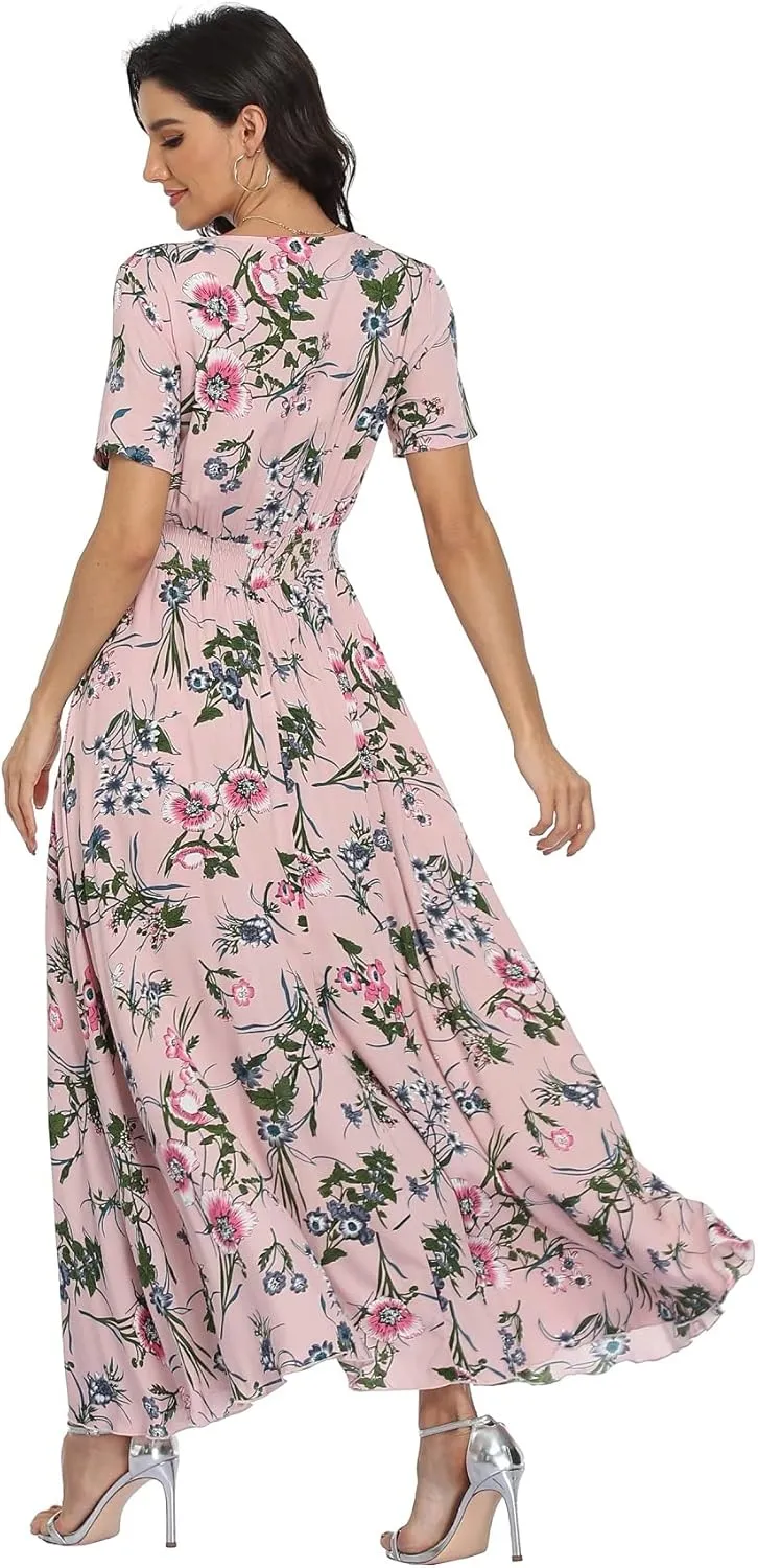 VintageClothing Women's Floral Maxi Dresses Boho Button Up Split Summer Casual Long Dress Beach Party Dress