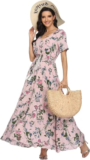 VintageClothing Women's Floral Maxi Dresses Boho Button Up Split Summer Casual Long Dress Beach Party Dress