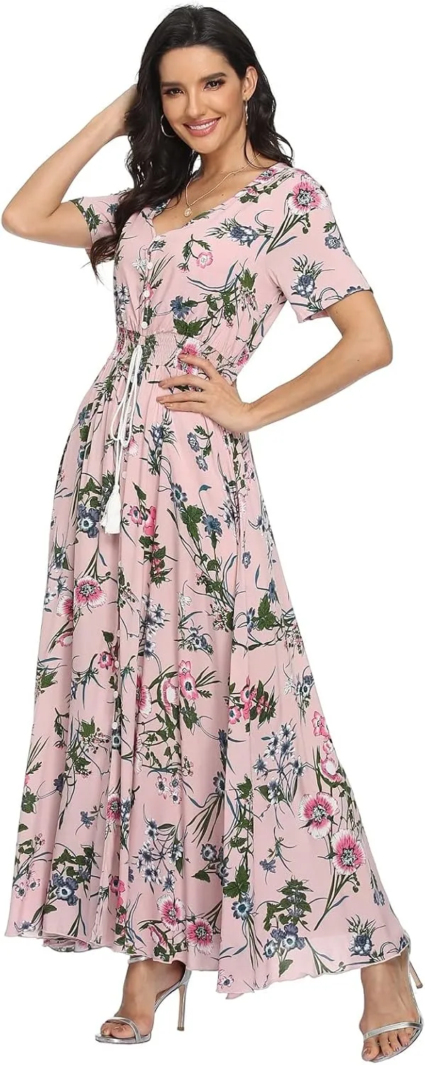 VintageClothing Women's Floral Maxi Dresses Boho Button Up Split Summer Casual Long Dress Beach Party Dress