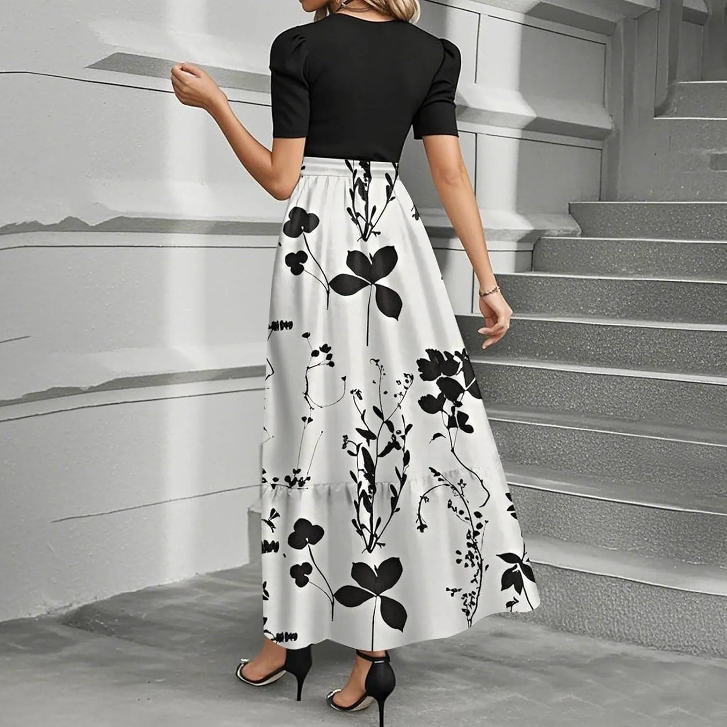 Wanvekey Maxi Dresses for Women 2025 Summer Short Sleeve Church Dress Casual Crew Neck Belted Dresses Flowy Elegant Dress