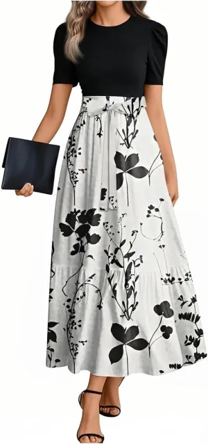 Wanvekey Maxi Dresses for Women 2025 Summer Short Sleeve Church Dress Casual Crew Neck Belted Dresses Flowy Elegant Dress