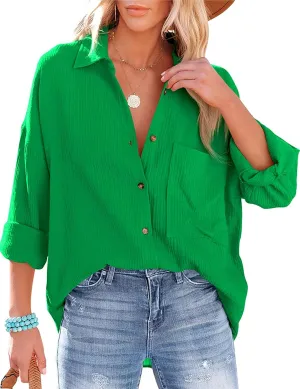 Wanzetaly Women's Button Down Shirts Cotton Oversized Dress Shirts Work Blouses Casual Tops with Pocket