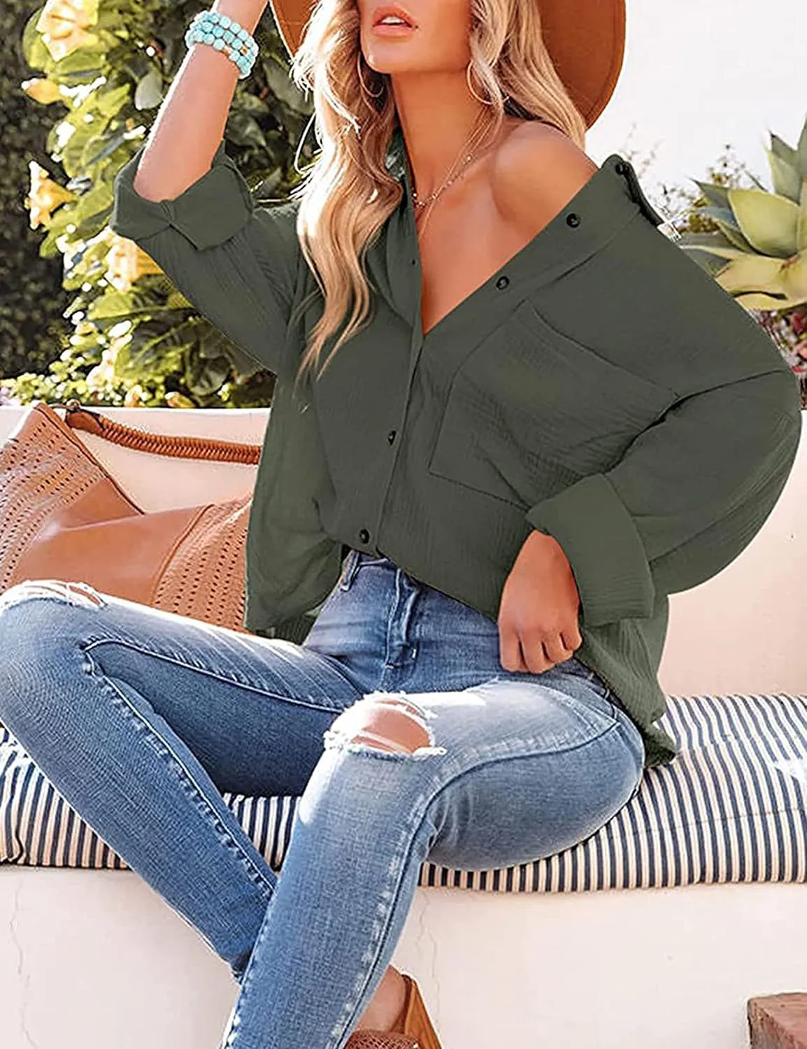 Wanzetaly Women's Button Down Shirts Cotton Oversized Dress Shirts Work Blouses Casual Tops with Pocket