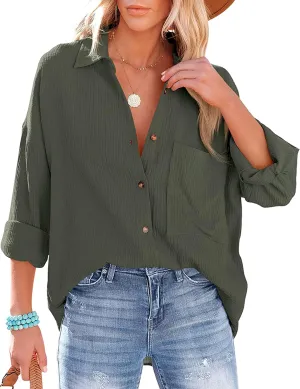 Wanzetaly Women's Button Down Shirts Cotton Oversized Dress Shirts Work Blouses Casual Tops with Pocket