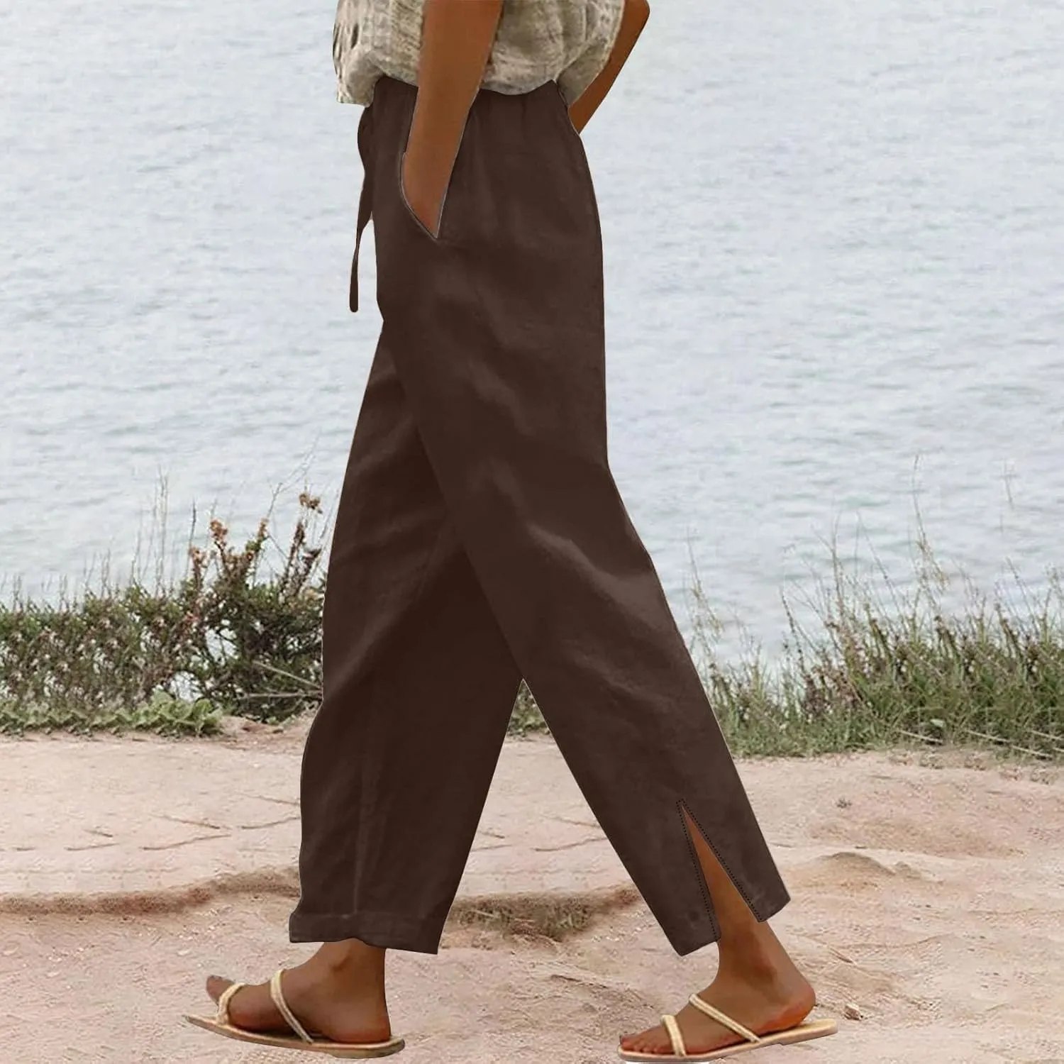 Women Summer Casual Linen Pants Boho Wide Leg Palazzo Pants Drawstring Beach Vacation Outfits Gauze Trendy Ladies Clothes