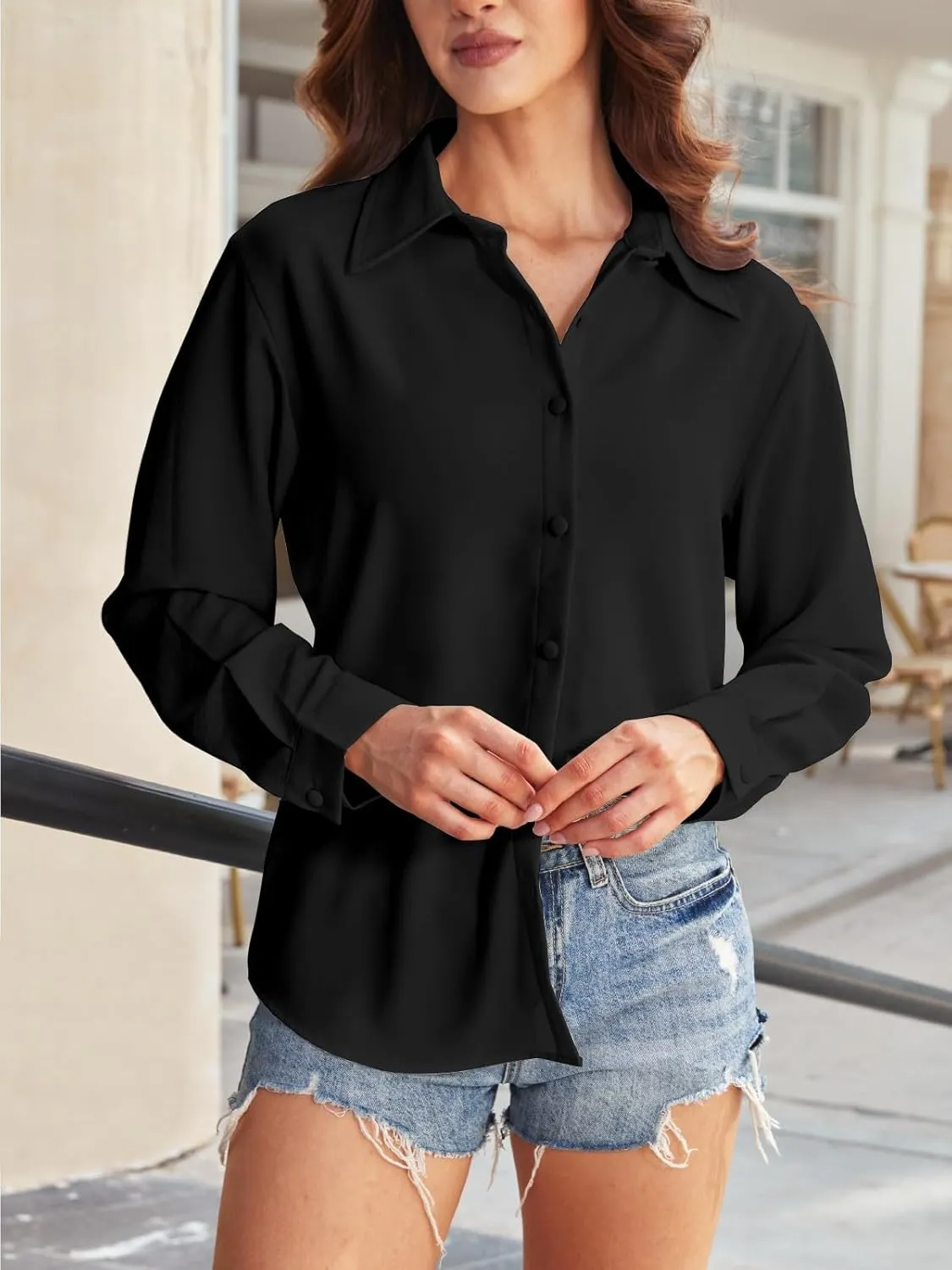 Women's Button Down Dress Shirts Long Sleeve Stretch Blouse Work Office Casual Chiffon Tops