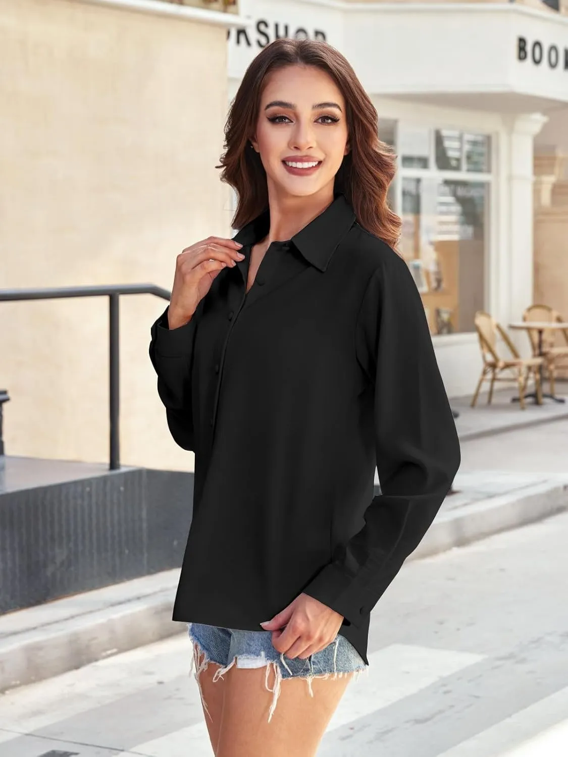 Women's Button Down Dress Shirts Long Sleeve Stretch Blouse Work Office Casual Chiffon Tops