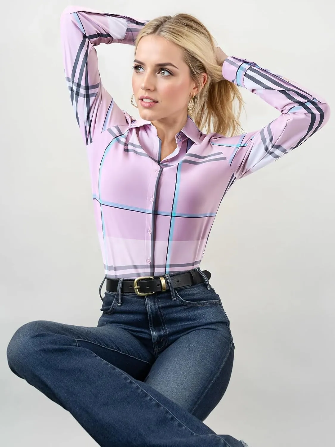 Women's Button Down Shirts Plaid Long Sleeve Dress Shirt Collared Fitted Blouses Wrinkle Free Casual Office Work Tops