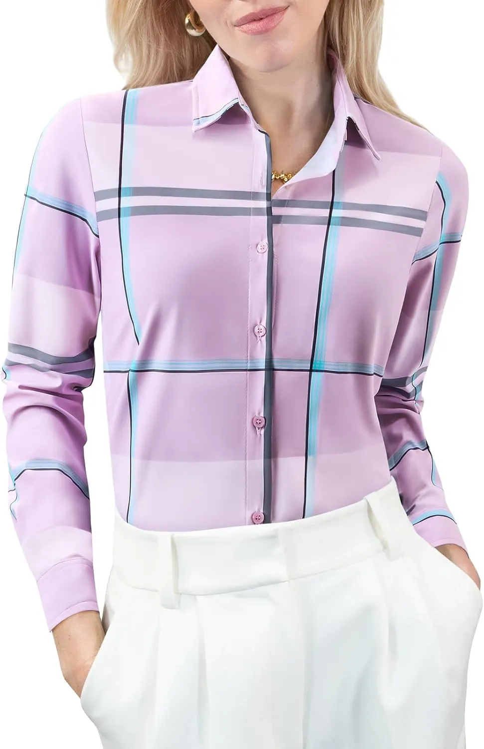 Women's Button Down Shirts Plaid Long Sleeve Dress Shirt Collared Fitted Blouses Wrinkle Free Casual Office Work Tops