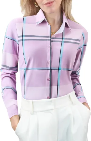 Women's Button Down Shirts Plaid Long Sleeve Dress Shirt Collared Fitted Blouses Wrinkle Free Casual Office Work Tops