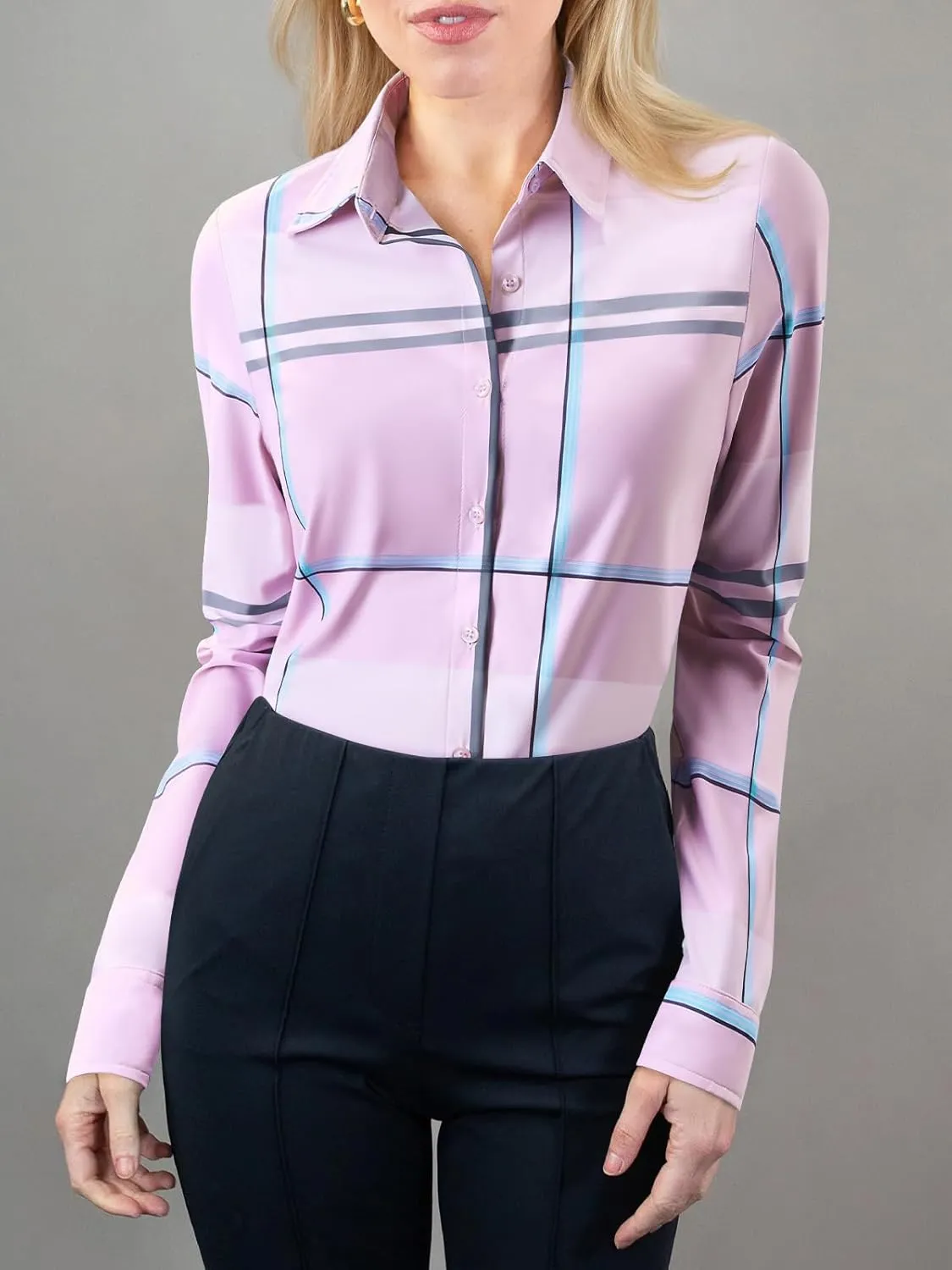 Women's Button Down Shirts Plaid Long Sleeve Dress Shirt Collared Fitted Blouses Wrinkle Free Casual Office Work Tops