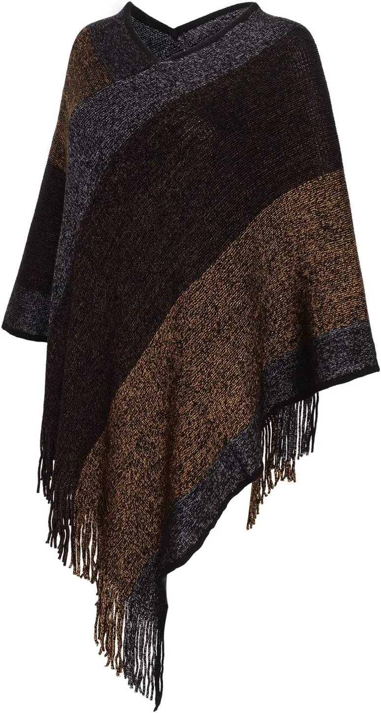 Women's Elegant Knitted Shawl Poncho with Fringed V-Neck Striped Sweater Pullover Cape Gifts for Women Mom