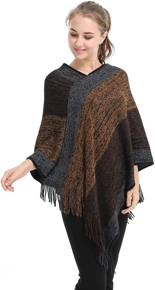 Women's Elegant Knitted Shawl Poncho with Fringed V-Neck Striped Sweater Pullover Cape Gifts for Women Mom