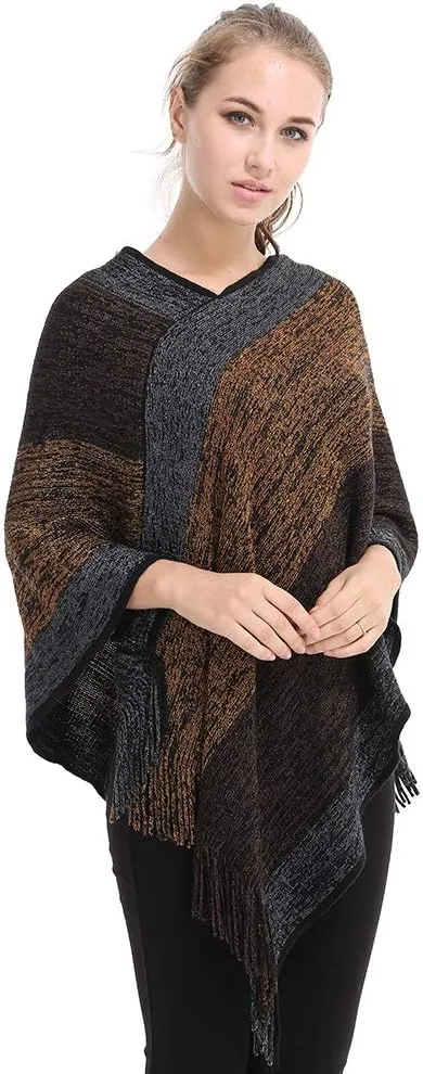 Women's Elegant Knitted Shawl Poncho with Fringed V-Neck Striped Sweater Pullover Cape Gifts for Women Mom